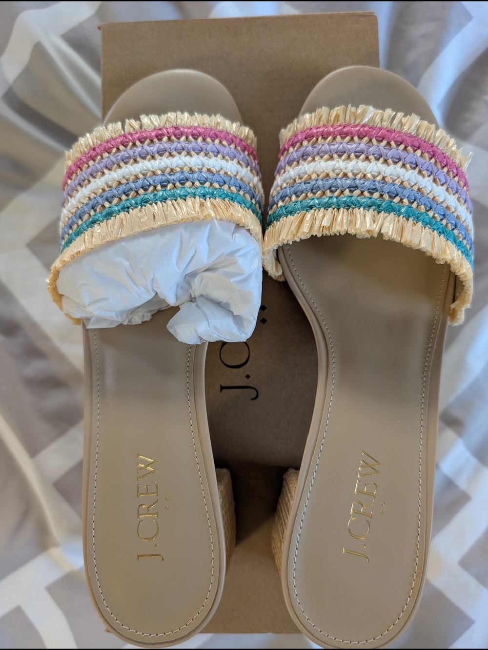 J. Crew Beige Raffia Slide Mules with Multicolor Braids